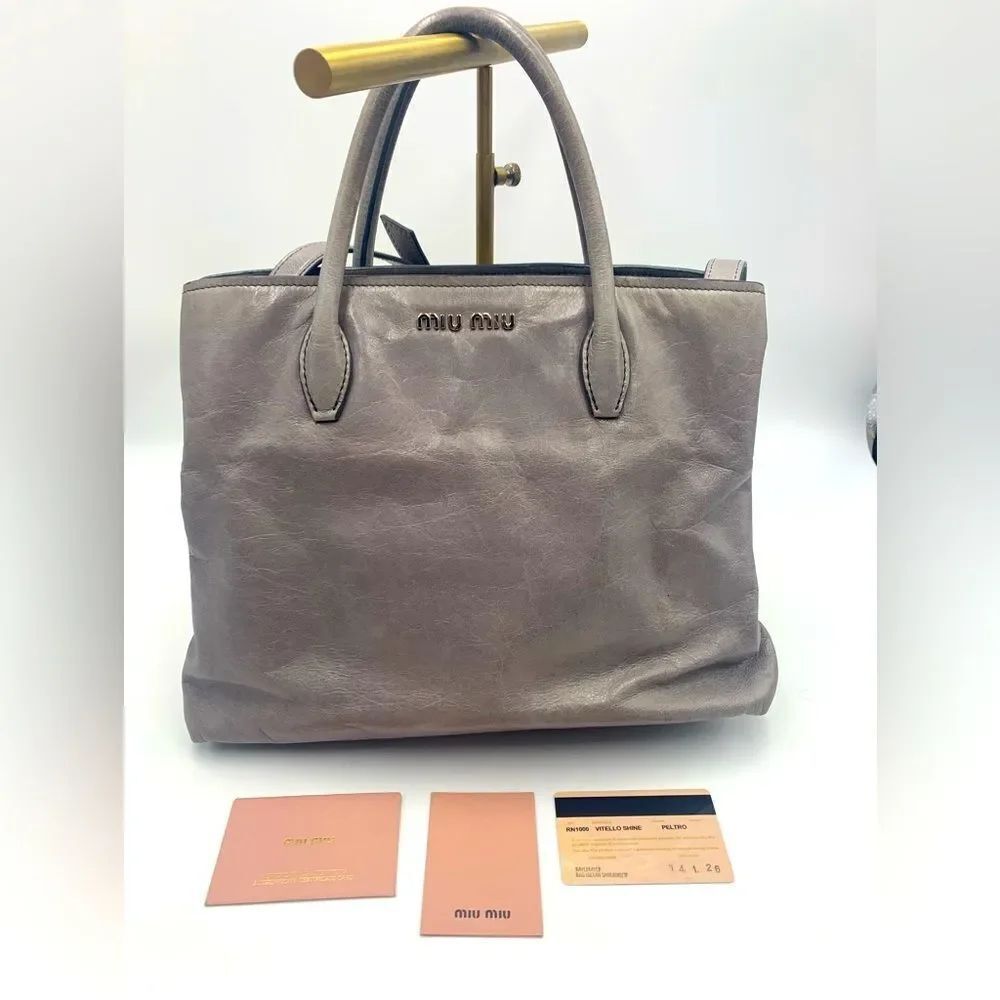 Authentic Miu Miu Vitello Shine Peltro Gray Leather 2way Satchel Preloved